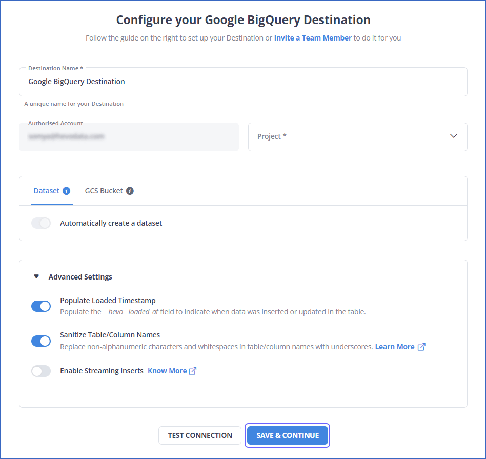 pardot to bigquery: configure bigquery as destination